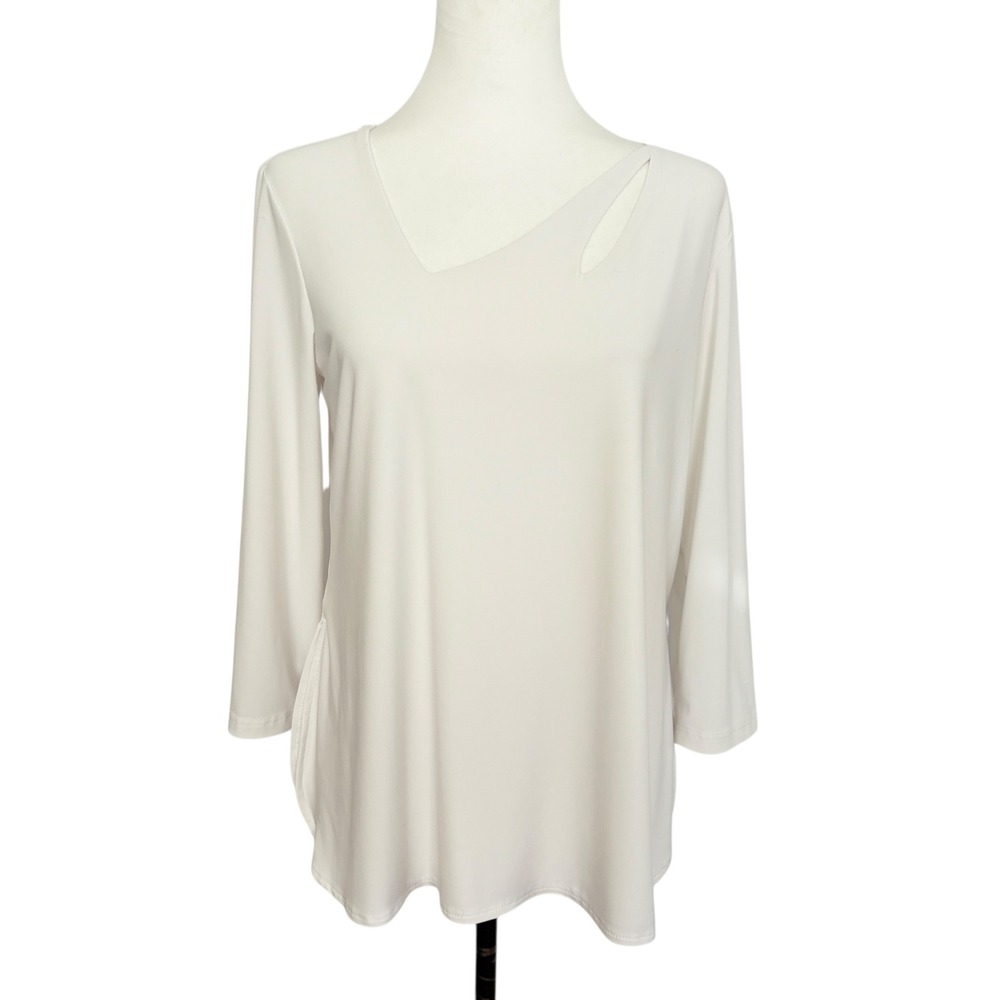 Joseph Ribkoff Women White Asymmetrical Neckline 3/4 Sleeve Tunic Top Size 8